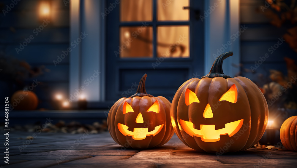 carved halloween pumpkins on a porch in front of a house carved halloween pumpkins on a porch in front of a house