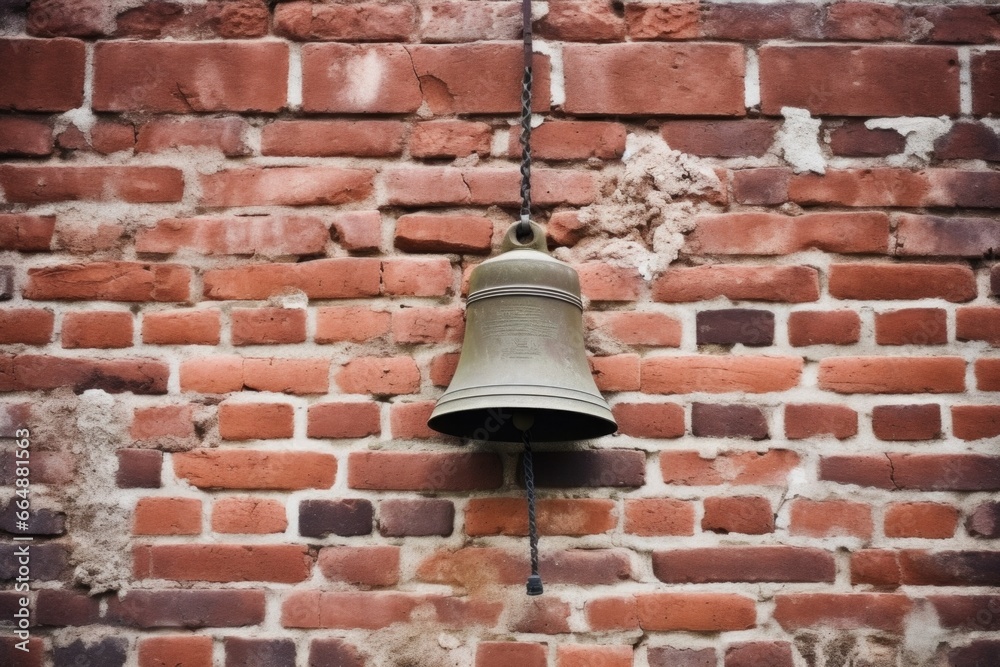 a school bell hanging on a rugged brick wall