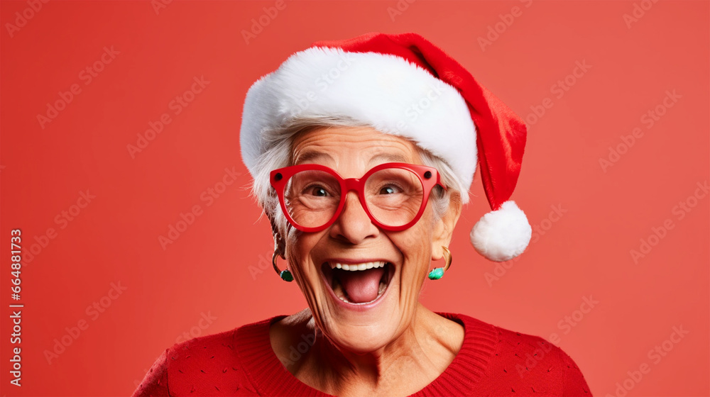Happy old woman portrait wearing Santa hat on isolated red background - ai generative Happy old woman portrait wearing Santa hat on isolated red background - ai generative