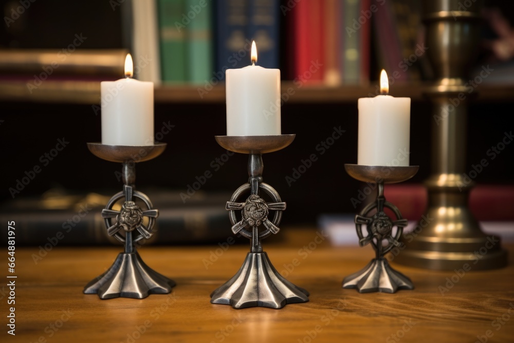 set of pewter candle holders with religious mentor insignia set of pewter candle holders with religious mentor insignia