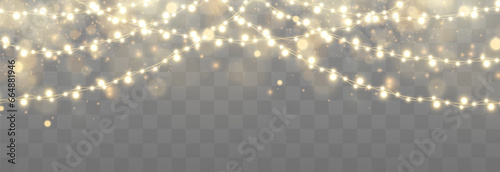 Christmas lights bulbs, glowing garlands string. New Year's party lights, holiday decorations. Winter holiday season element. Vector illustration isolated on png