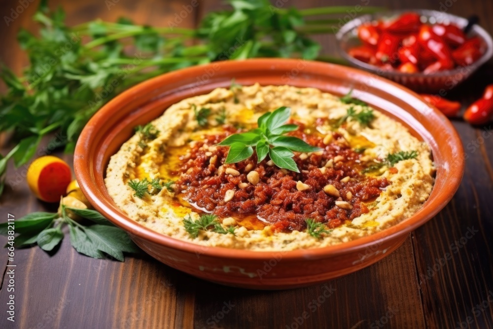 topping hummus with chopped sun-dried tomatoes topping hummus with chopped sun-dried tomatoes