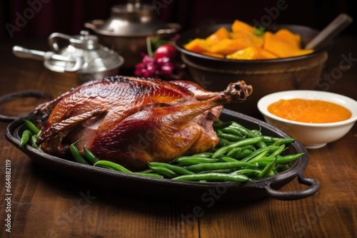 roasted duck served with a side of green beans