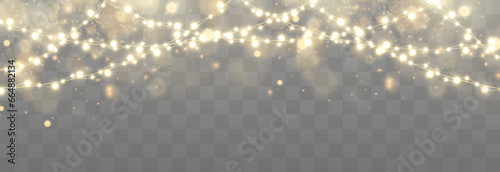 Christmas lights bulbs, glowing garlands string. New Year's party lights, holiday decorations. Winter holiday season element. Vector illustration isolated on png