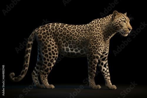 A detailed 3D rendering of a majestic leopard from Zanzibar, captured in a full-body view. Generative AI