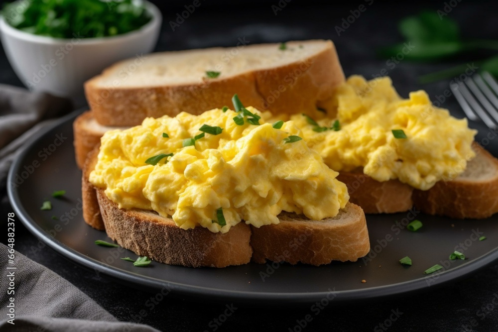 Bread with scrambled eggs on a plate, surrounded by bread slices. Generative AI