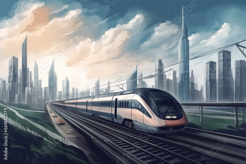 A fast train in a city with skyscrapers, a distant tower, and cloudy sky. Generative AI © Kellen