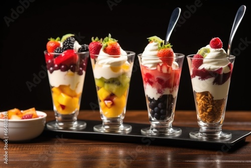 serving a cup of mixed fruit sundae with a long spoon