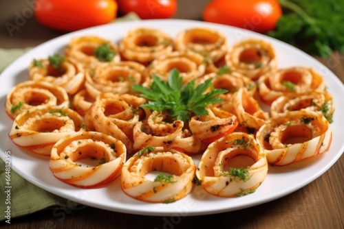 neatly served grilled calamari rings on a platter