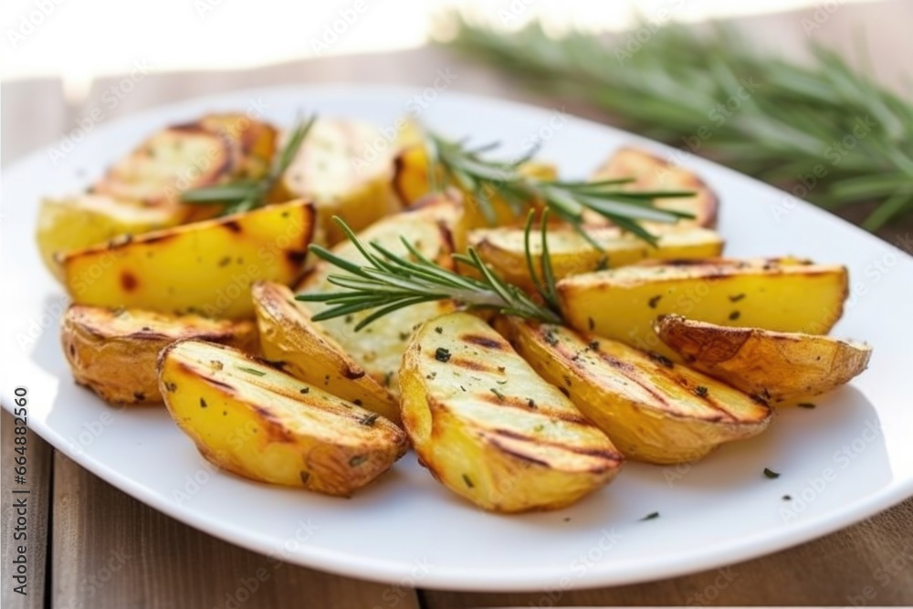 grilled potatoes and a sprinkling of rosemary on white plate grilled potatoes and a sprinkling of rosemary on white plate