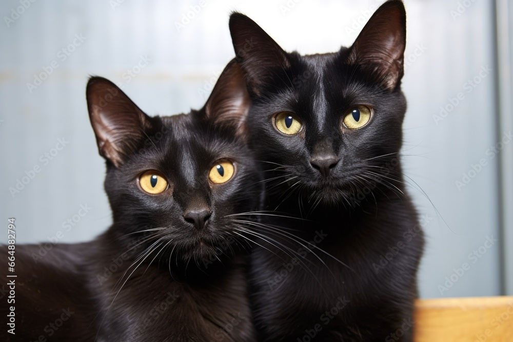 lower halves of two sleek black cats adjacent to each other