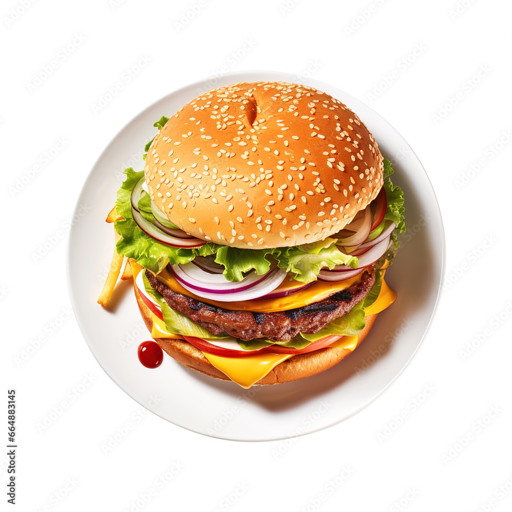 hamburger on a plate isolated on transparent background Remove png, Clipping Path