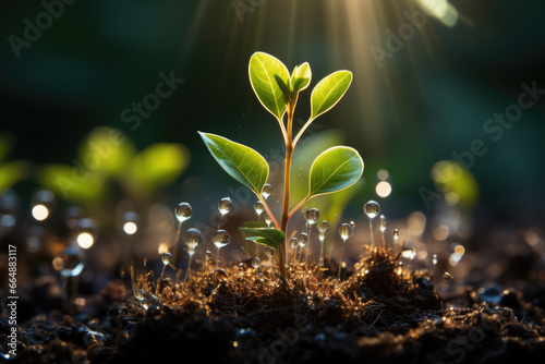 Young green sapling growing up from the ground. Plant growth and ecological concept