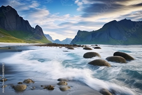 Uttakleiv Beach,with dramatic mountains and peaks, open sea and sheltered bays, beaches and untouched lands.