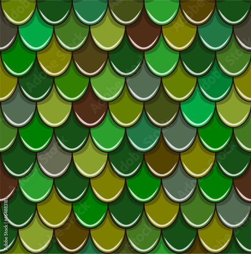 Seamless pattern of green scales. The scales are shades of green with a few grays and browns. Vector illustration