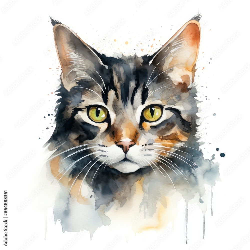 Watercolor cat clip art on white background.