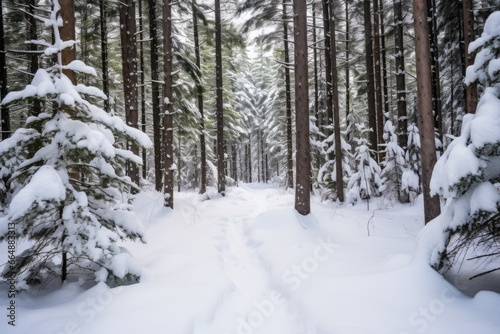a dense pine forest blanketed in snow