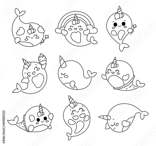 Little kawaii whale unicorn. Coloring Page. Cute cartoon sea animal characters for kids. Hand drawn style. Vector drawing. Collection of design elements.