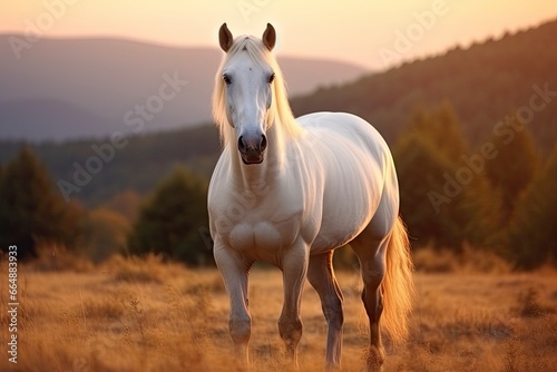 White horse or mare in the mountains at sunset.