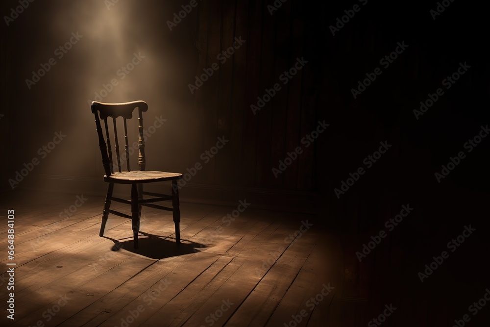 The chair in the photo is on a dark background under the spotlight from above. generative AI