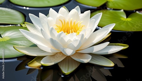 White water lily. White lotus with leaves on dark pond.