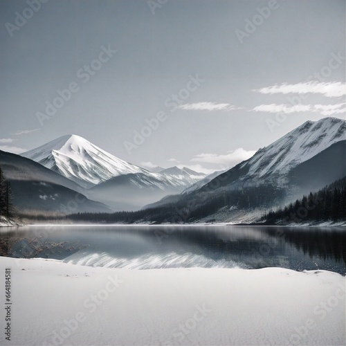 snowy mountains are reflected in a lake surrounded by snow