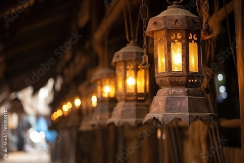 old lanterns hanging side by side in an ancient place