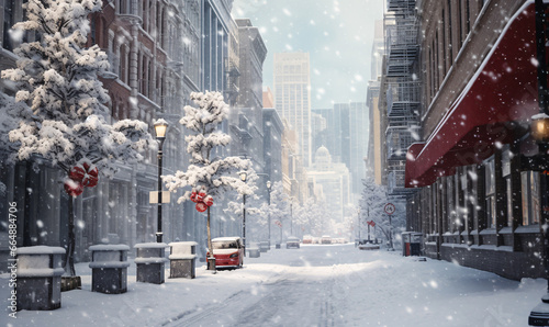 Snow covered streets of big city streets during Christmas holidays. Christmas Card. generative Ai