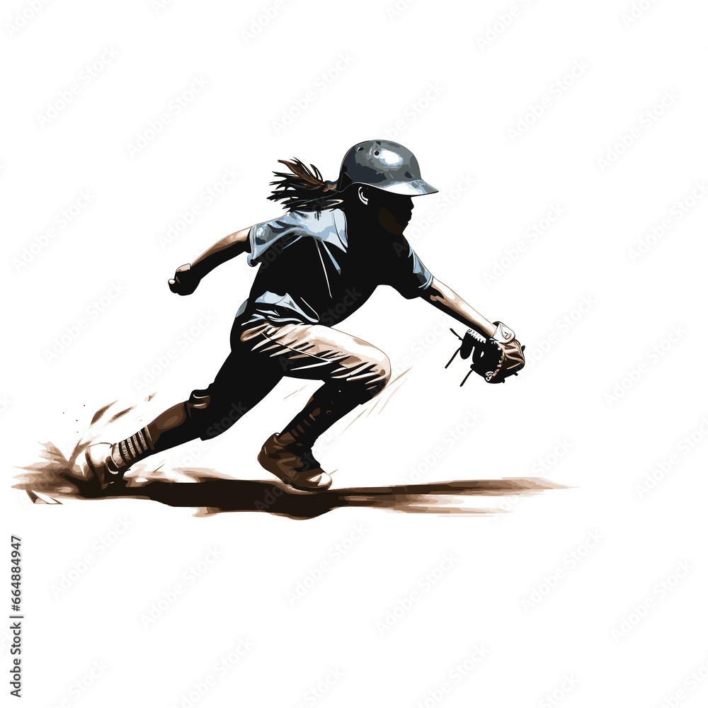 Black silhouette of a little girl athlete playing baseball, hitting the baseball with a bat and wearing a baseball glove