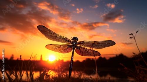 A dragonfly silhouette against the backdrop of a setting sun, with the sky awash in rich colors, in stunning