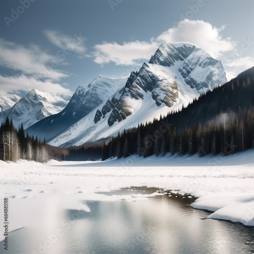 snowy mountain range with a river and snow covered ground
