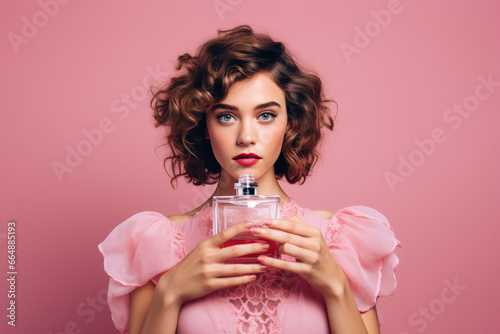Young beautiful woman with skin care product bottle