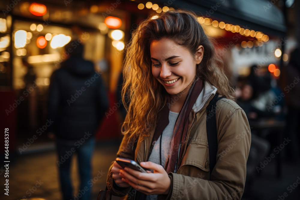 Beautiful woman as she smiles while gazing at her mobile phone, reflecting the joy of modern connectivity and communication. Ai generated Beautiful woman as she smiles while gazing at her mobile phone, reflecting the joy of modern connectivity and communication. Ai generated