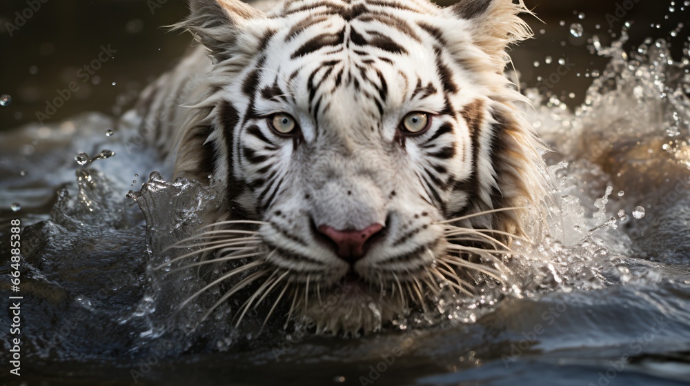 portrait of a white tiger in the water hunting for prey portrait of a white tiger in the water hunting for prey