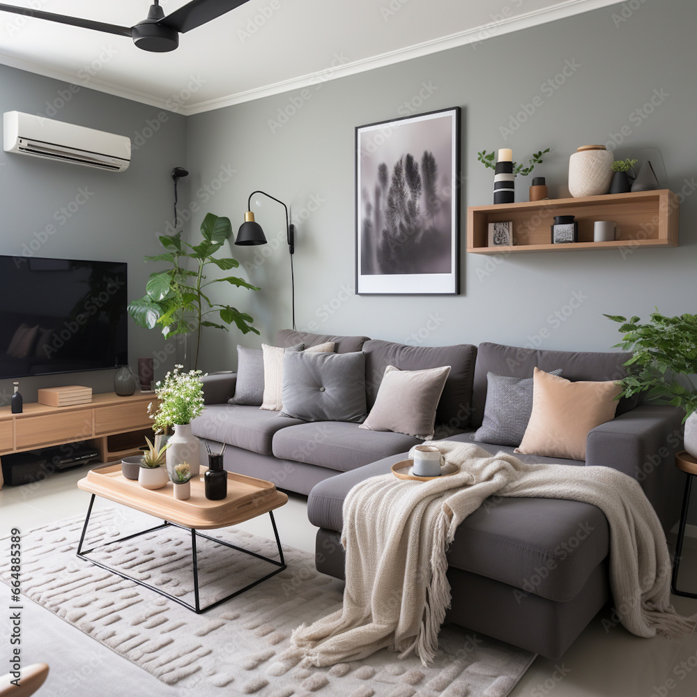 Fototapeta premium Scandinavian interior design modern living room with fan lamp on the ceiling with gray sofa