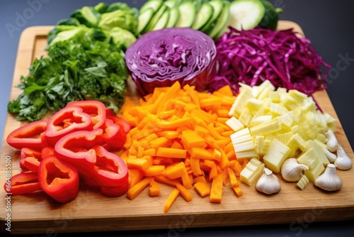 colorful cut vegetables on a wooden chopping board