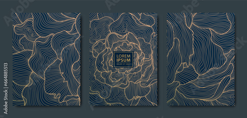 Vector golden roses, petals art deco patterns. Line flower texture covers. Luxury black line flyers, brochures, package design, social media post, banners.