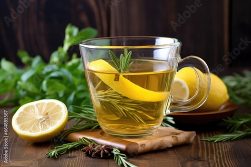 a cup of herbal tea with lemon wedge