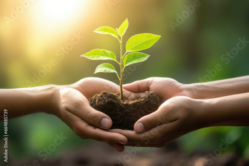 Hands holding green plant in soil with sunlight background. Plant growth and ecological concept photo