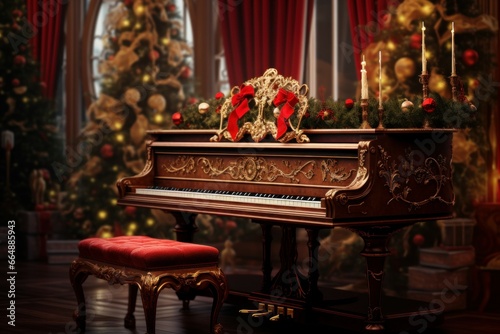 Piano with Christmas decoration. Winter holiday vintage house season. Generate Ai