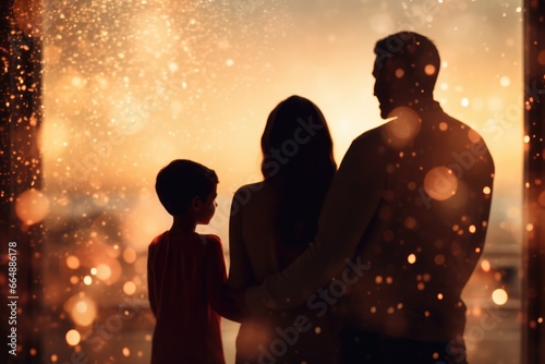 Family silhouetted against a window, casting a warm glow, with sparkling holiday lights in the backdrop - Holiday Magic Moments - AI Generated