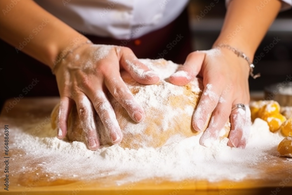close up of hands kneading the dough for panettone