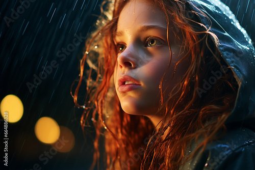 A young girl portrait, rainy weather and evening city lights