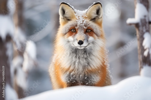 Winter Fox Encounter - A curious fox amidst a serene snow-covered forest - AI Generated