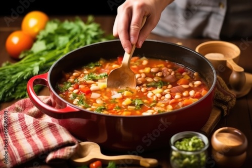 hand holding a spoonful of minestrone near the pot