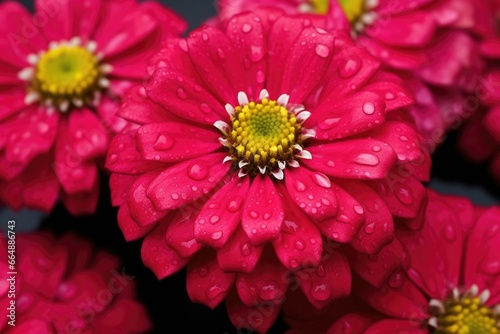 annual zinnias dotted with raindrops