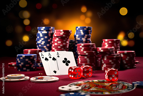 on the gambling table in the casino are poker chips, dice and cards 