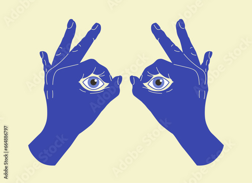 Hand binocular. See perspective. Visionary or idea watching. Search way and view. Direction discovery. Silhouette arms. Fingers gesture. Spy surveillance. Eye sight. Vector illustration tidy concept