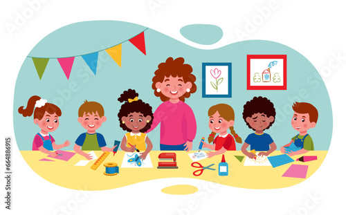 Kids workshop. Art craft. Children painting lesson. Girls and boys and teacher in classroom. Babies group sitting at table. Play at elementary school. Creative hobby class. Vector cute tidy background