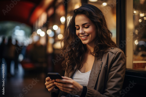 Beautiful woman as she smiles while gazing at her mobile phone  reflecting the joy of modern connectivity and communication. Ai generated